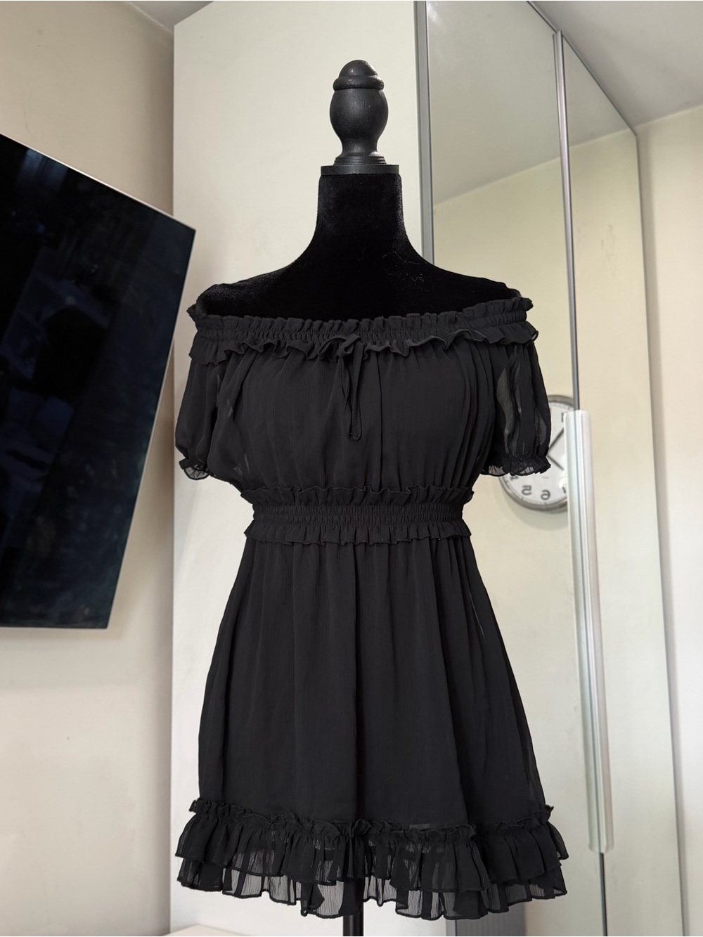 Cotton Express Black Off Shoulder Chiffon Mini Dress